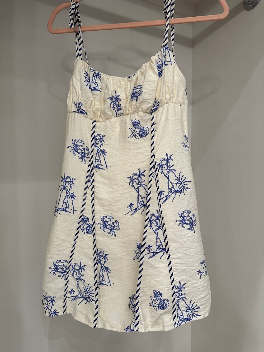 Pink Lily small Cream and Blue Tropical Print Sundress. Like new.